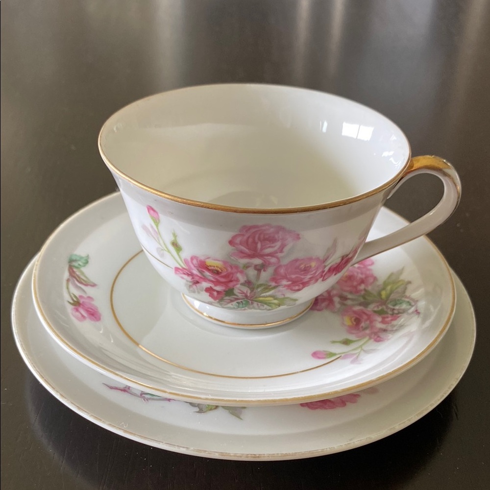 Vtg Japan Rose Dawn China Pink Rose Teacup, Plate and Saucer Set with Gold Trim!